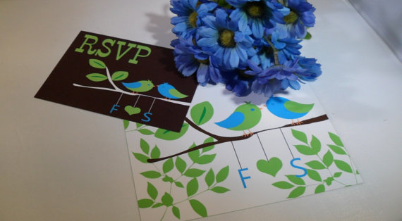زفاف - Blue and Green Love Birds Wedding Invitation Set