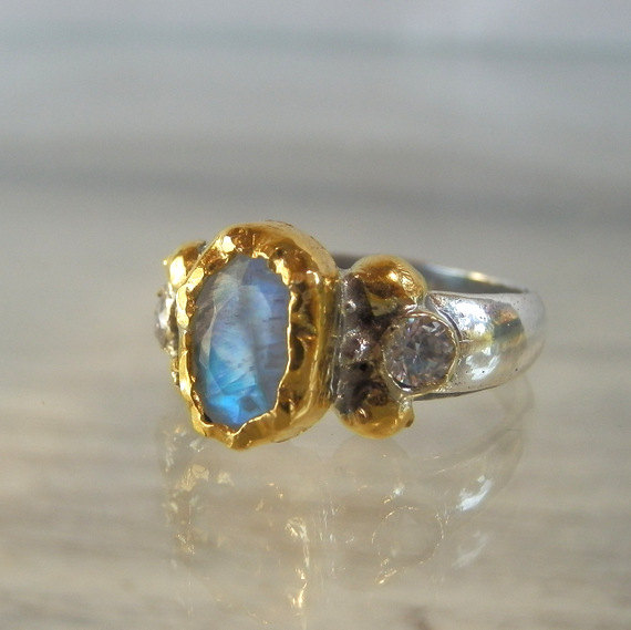 زفاف - Cubic Zirconia 24K Solid Gold Faceted Moonstone Helena Ring, Organic Engagement Ring, Unique Engagement Ring