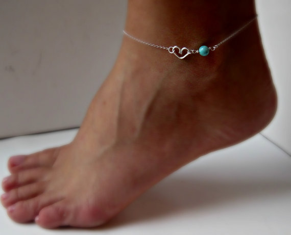 زفاف - Sterling Silver Heart Anklet with Turquoise Delicate jewelry Sorority gift Girlfriend gift Wedding Gifts Something blue Shower Gifts