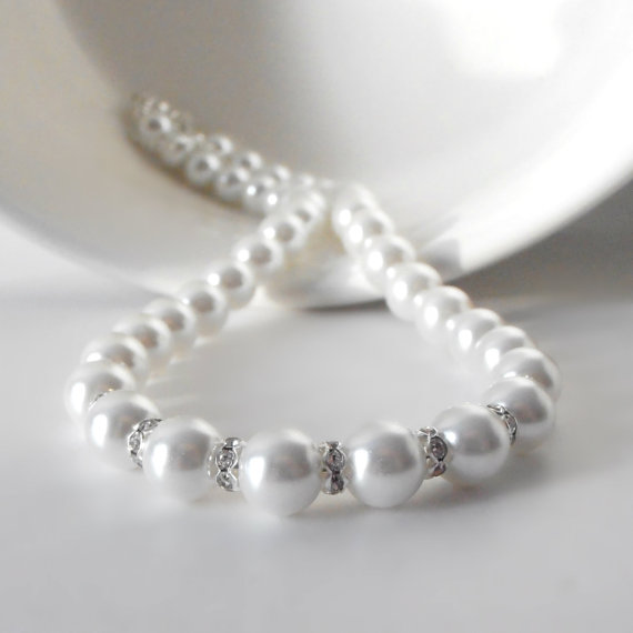 Wedding - White Pearl Necklace Pearl Wedding Jewelry Faux Pearl Strand with Rhinestones White Bridal Jewelry Bridesmaid Necklaces 16, 18 or 20 Inches