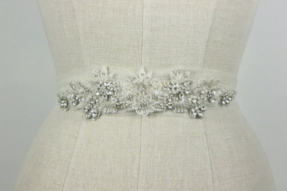 Hochzeit - Wedding Beaded Belt, Bridal Sash, Ivory Flower Embellished Rhinestone & Crystal Ornate Trim Applique, Vintage, Camilla Christine, VICTORIA