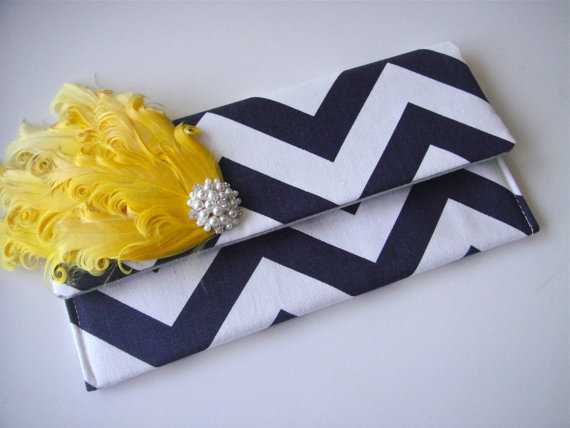 Hochzeit - SET OF 6 - Bridesmaids Clutch In Navy Chevron with Yellow Feather Pad, Wedding Clutch, Fold Over Clutch, Bridesmaids Accessories