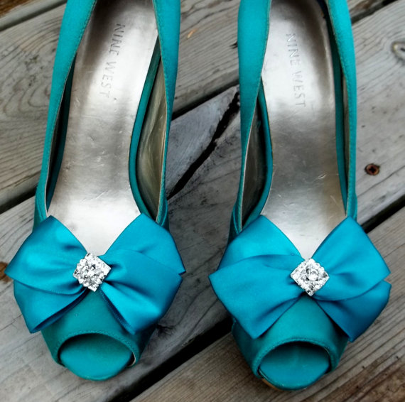 Mariage - Wedding Bridal Shoe Clips Satin Bows- pair - with hinestones - MANY COLORS to choose from