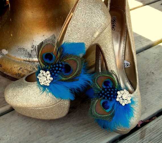Hochzeit - Wedding Bridal Shoe Clips - Peacock Shoe Clips, Turquoise Blue, Feathered Shoe Clips, Wedding Shoe Clips