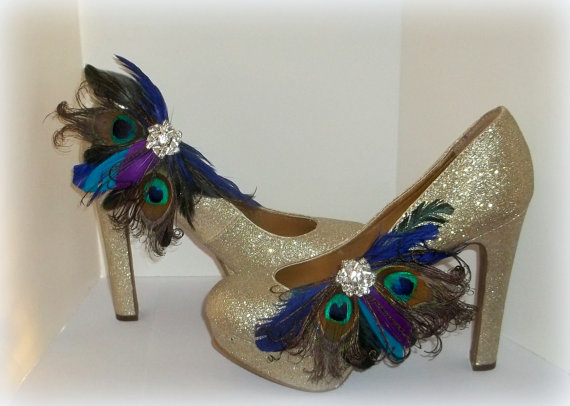 Wedding - Womens Bridal Shoe Clips - Bright Peacock Feathers, Shoe Clips, Feathered Shoe Clips, Wedding Shoe Clips