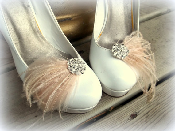 Wedding - Wedding Bridal Feathered Shoe Clips - set of 2 - Sparkling Crystal Rhinestone Accents - wedding, engagememt