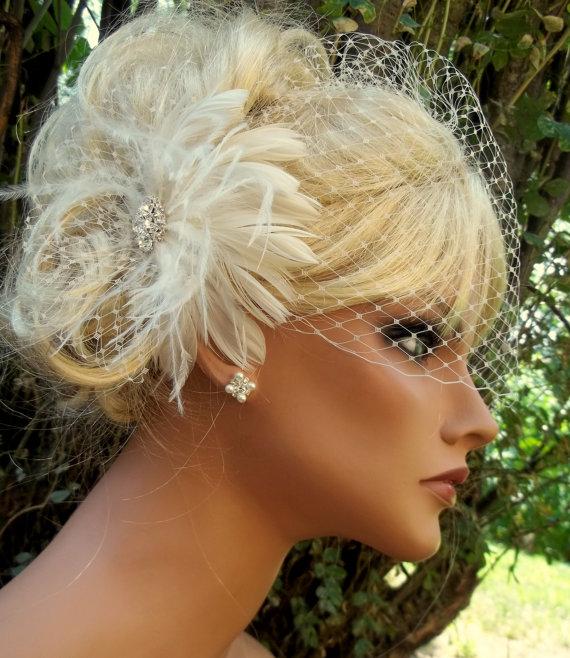 زفاف - Bridal Fascinator, Birdcage Bridal Veil, Feather Fascinator, Wedding Hair Clip White or Ivory 2 piece set, Wedding Set, Womens Accesories