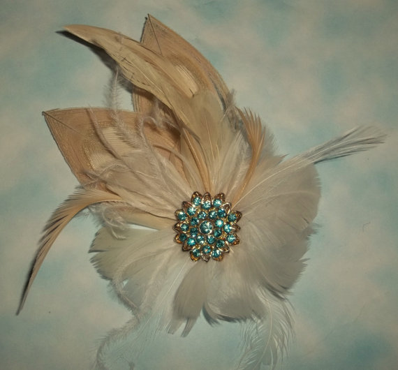 Hochzeit - Wedding Fascinator, Bridal Hair Clip, Bridal Fascinator, Ivory Fascinator, Tiffany Blue Brooch, Wedding Hair Clip, Ivory Peacock Feathers
