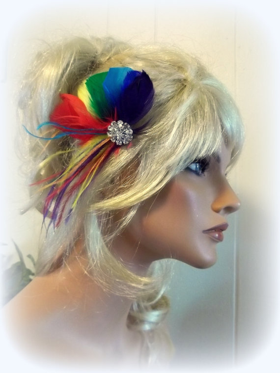 Mariage - RAINBOW Feather Fascinator,rhinestone jeweled center, hair clip, bridal fascinator, wedding, special occasion