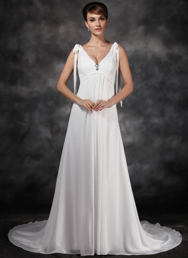 Hochzeit - A-Line/Princess V-Neck Chapel Train Chiffon Charmeuse Wedding Dress With Ruching Beading
