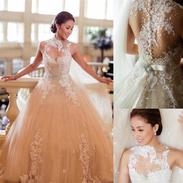 Hochzeit - 2014 Sexy Luxury Lace Wedding Dresses Ball Gown High Neck Backless See Through Applique Beaded Sash Sheer Bridal Gowns Church Wedding Bride Online with $134.11/Piece on Hjklp88's Store 