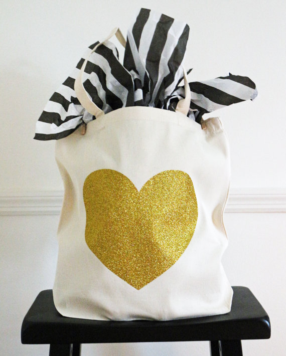 Mariage - bridesmaid gift canvas tote bag - gold glitter heart bag - tote bag purse
