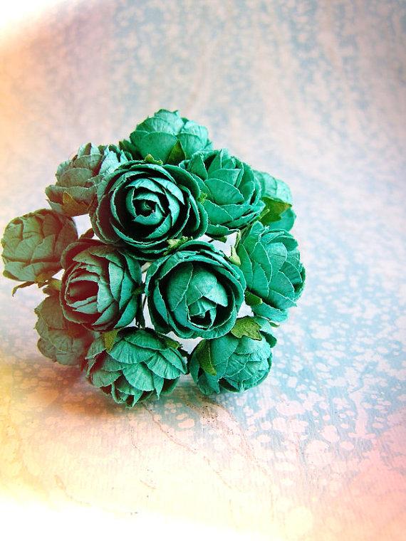 Mariage - Teal blue green Garden Roses Vintage style Millinery Flower Bouquet - for decorating, gift wrapping, weddings, party supply, holiday