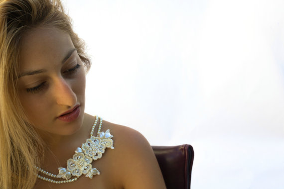 Wedding - Beaded Lace Necklace, Wedding Beaded Jewelry, Bridal Necklace, Ivory Pearls, Double strand Necklace