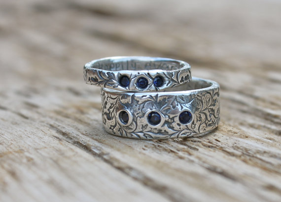 زفاف - wedding band ring set with three fair trade sapphires . engraved eternity band rings . orions belt recycled silver wedding rings