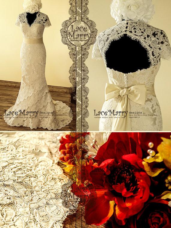 زفاف - Dainty Cream Color Underlay Lace Wedding Dress with Keyhole Back and Cap Sleeves Featuring Long Taffeta Sash and Asymmetric Scalloped Detail