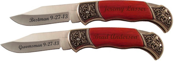 Mariage - 6 of Personalized Groomsmen Knife with Decorated Bolsters - pocket knife with wood handle - groomsmen gift, wedding party knives