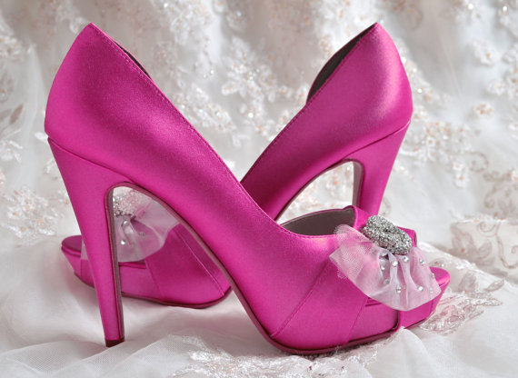 زفاف - Wedding Shoes - Custom Colors 250 Choices - PB783 Silk Satin, Peep Toe 4 inch Heels, Rhinestone Brooch on Spray of Tulle