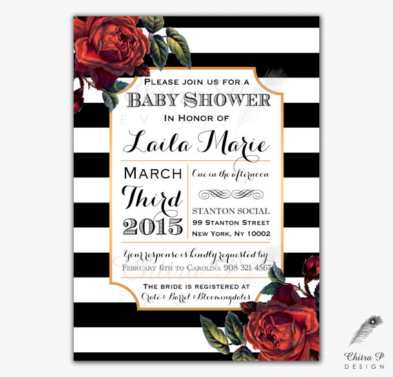 Hochzeit - French Baby Shower Invitation - Printed or Printable, Red Bridal Couples Gold Black White Wedding Paris Striped English Rose Floral - #051