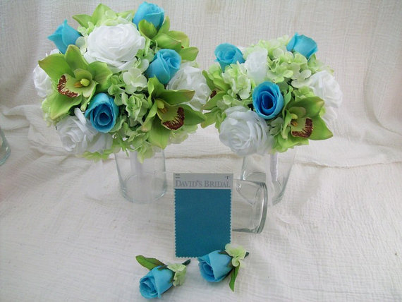 Mariage - Tropical Destination Wedding Flowers Bridal Bouquet Silk Flowers Davids Bridal Pool BLue Roses,Green Orchids, Hydrangeas and White Roses