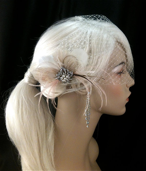 Wedding - Bridal Feather Fascinator with Brooch, Bridal Fascinator, Wedding Hair Accessories, Bridal Veil, Ivory and Blush