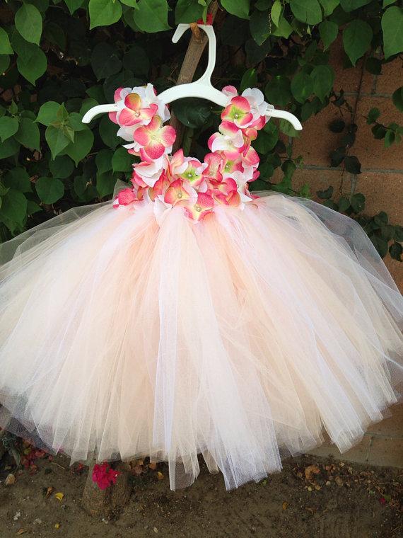 Hochzeit - Flower Girl Dress, Tutu Dress, Coral tutu dress, Hydrangea Flower tutu dress with /TWO STRAPS