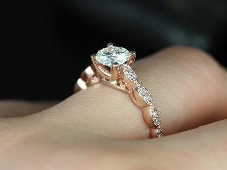 زفاف - Helena 6mm 14kt Rose Gold  Round FB Moissanite and Diamonds Leaf Engagement Ring (Other metals and stone options available)