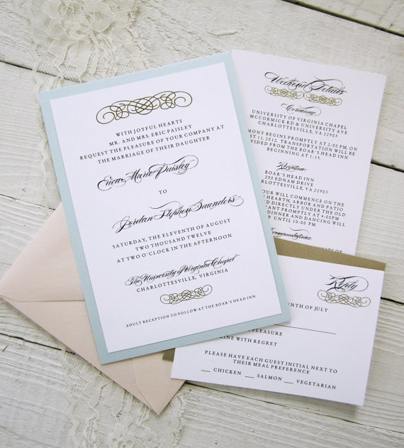Hochzeit - Baroque Wedding Invitations - Vintage Glamour Gold Border Elegant Pink Blue Ribbon.  Purchase this listing for a Sample.