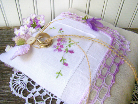 Hochzeit - Wedding Ring Bearer Pillow, Wedding Pillow, Ring Pillow, Lavender Vintage Styled Ring Bearer Cushion, Rustic, Romantic, Handkerchief Pillow