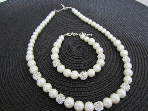 زفاف - Ivory bridal set  with crystal  balls  - Bridesmaid jewelry set - Ivory pearl jewelry set