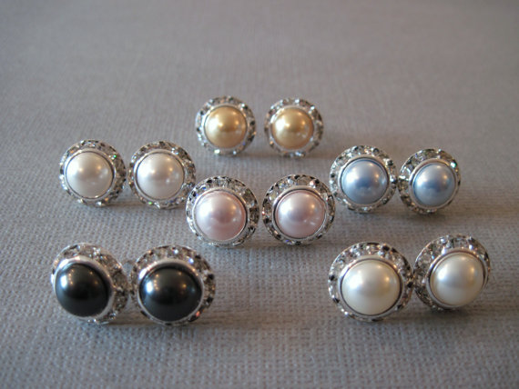 Mariage - SET OF 6 PAIR- Swarovski Crystal Pearl Earrings/Pink Pearl Studs/Bridesmaid Jewelry/White Pearl Earrings/Bridal Party/Cream Pearl Earrings/