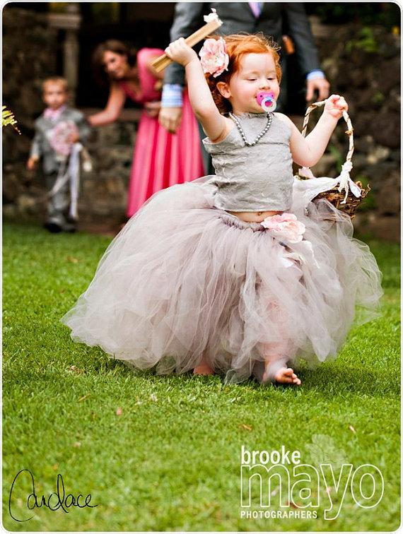 Свадьба - Gray Lace Flower Girl Dress -Formal Wear Tutu and Detachable Train--Pink Champagne--Perfect for Weddings