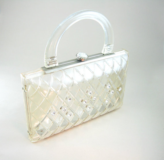 Mariage - Clear Lucite Purse Carved Lattice Rhinestone Jeweled Clasp Wedding Vintage Clutch 1950s Accessory