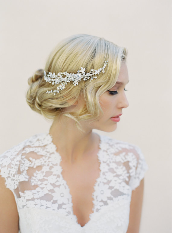 Hochzeit - Bridal Halo Hair Comb -  Silver Wired Swarovski Crystal  Boho Wreath