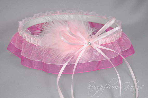 Mariage - Wedding Garter in Pale Pink and Hot Pink with Swarovski Crystal and Marabou Feathers