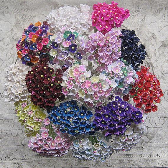 Wedding - 12 Bouquets Old Fashioned Forget Me Nots Flocked Paper Millinery Flowers Pick Your Own Colors