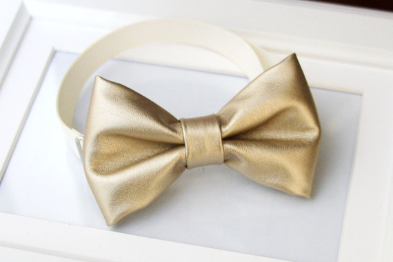 زفاف - Metallic gold artificial leather bow-tie for baby toddler teens adult - Adjustable neck-strap