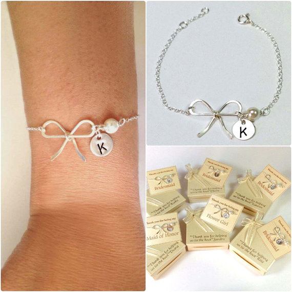 زفاف - Free Shipping. Set of 6 personalized sterling silver bow bracelet. bridesmaids bracelet,  monograme bracelet