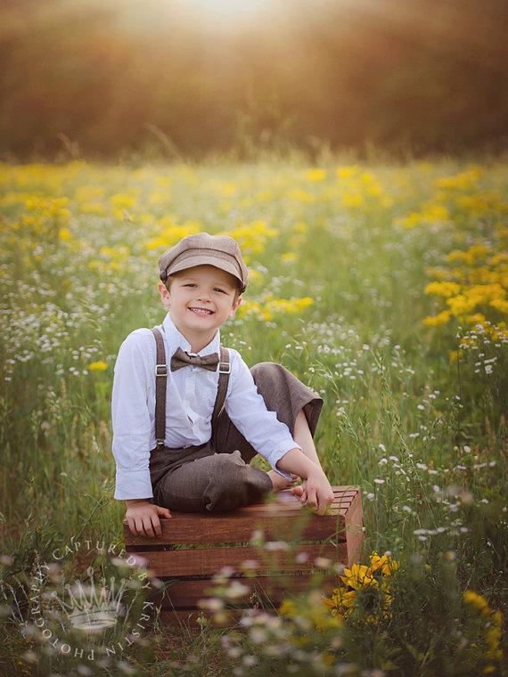 Hochzeit - Ring Bearer outfit - brown vintage wedding - Newsboy hat suspenders pants bow tie - toddler boy set baby