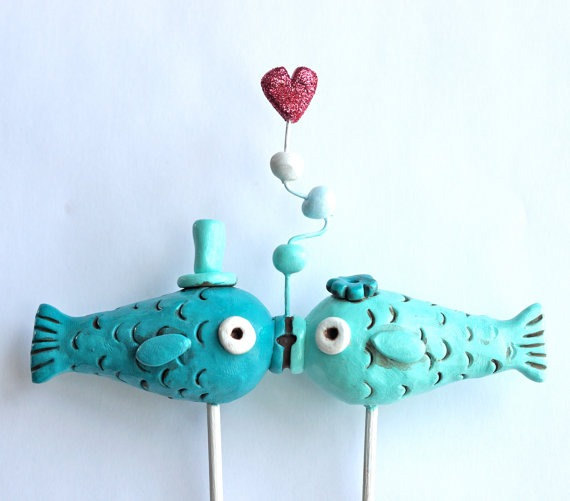 Hochzeit - Aqua and Teal Kissing Fish wedding cake topper for your beach wedding as seen in Real Maine Weddings magazine