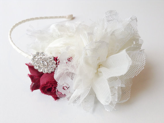 Wedding - Burgundy headband, burgundy hair bow, burgundy wedding, flower girl headband, bridesmaid headband, burgundy bridal accessories