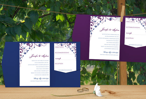 Mariage - Pocket Wedding Invitation Template Set - DOWNLOAD Instantly - EDITABLE TEXT - Chic Bouquet (Purple & Royal Blue)  - Microsoft Word Format