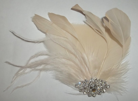 Mariage - Ivory Bridal Fascinator Feather hair Accessory,Wedding Hair Clip Navette Rhinestone Jewel - ship ready