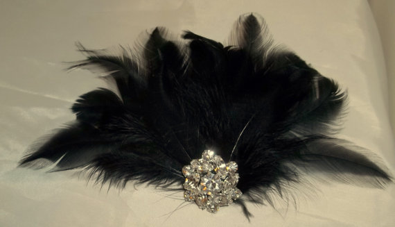 Mariage - Wedding Black Feathered Fascinator - Crystal jeweled center -feather fascinator bridal hair clip