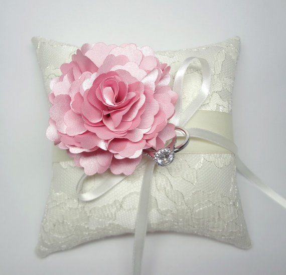 Wedding - wedding ring pillow - Indian Pink  Bloom on Cream lace Ring Pillow, wedding ring bearer pillow