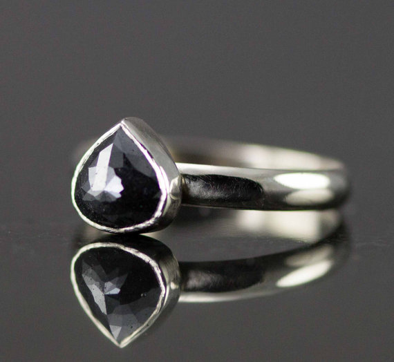 Hochzeit - Rose Cut Black Diamond Engagement Ring - 14k White Gold Pear Diamond Ring -  Solitaire Diamond Ring