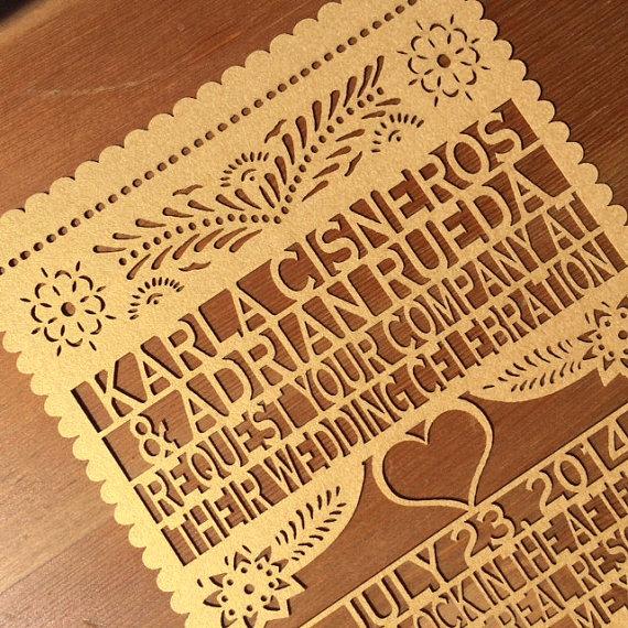 Wedding - Laser cut  Invitation - Papel Picado Inspired Wedding 5x7 card Rehearsal Engagement Bridal Shower Couples