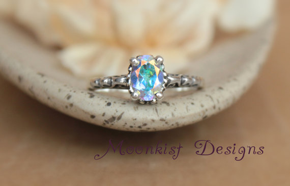 Mariage - Opalescent Topaz Filigree Engagement Ring in Sterling Silver - Unique Promise Ring - Rainbow Commitment Ring - Colorful Gemstone Ring