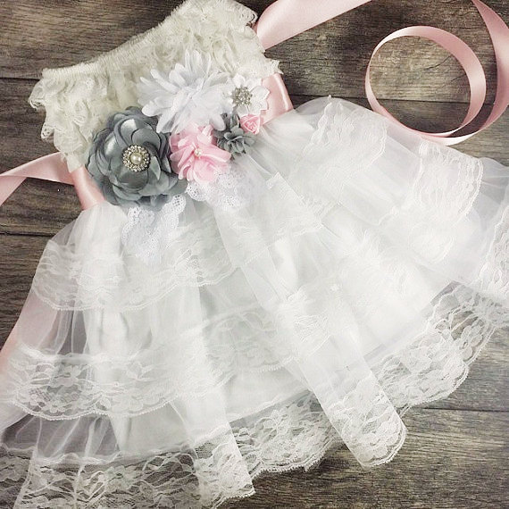 زفاف - Girls White Lace Flower Girl Dress // Embellished Petti Dress // Country Wedding
