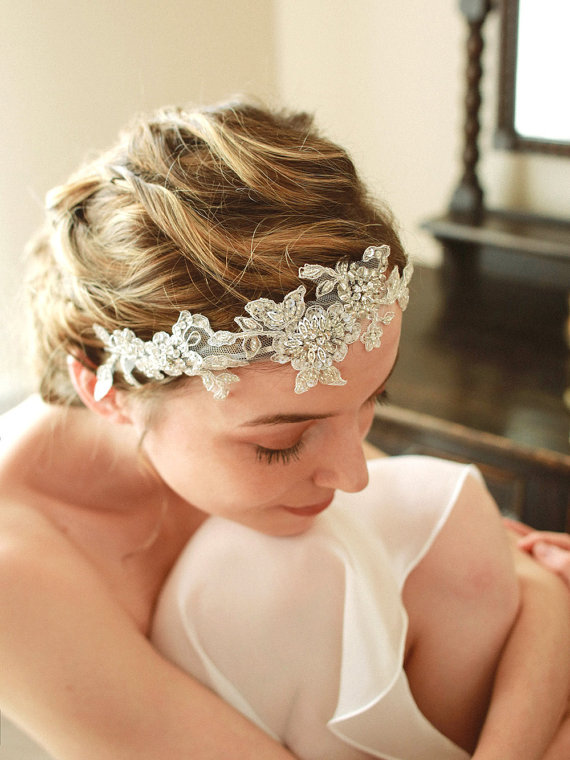 زفاف - Silver lace wedding hair -  wedding headband